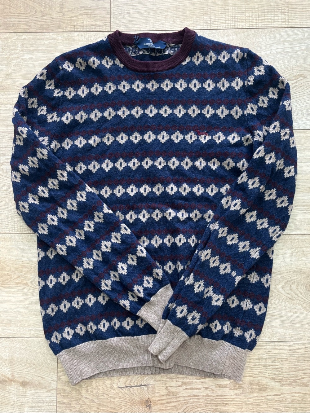 Harmont and Blaine Italian Luxury Merino and Cashmere Blend Patterned Crewneck